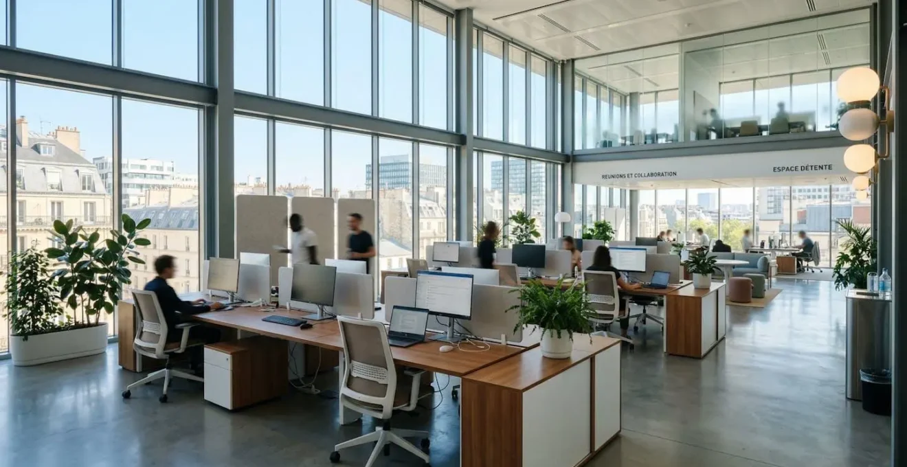 Intérieur d'un bureau moderne de PME avec grandes fenêtres laissant entrer une lumière naturelle abondante, espace de travail épuré et contemporain
