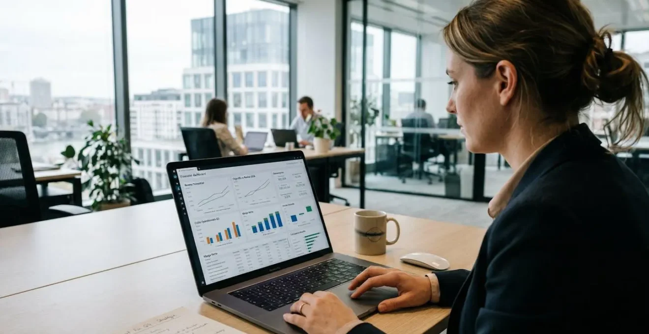 Vue par-dessus l'épaule d'une professionnelle consultant un tableau de bord financier sur son ordinateur portable dans un bureau contemporain lumineux
