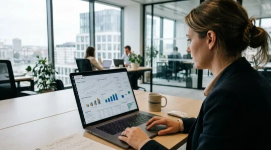 Vue par-dessus l'épaule d'une professionnelle consultant un tableau de bord financier sur son ordinateur portable dans un bureau contemporain lumineux