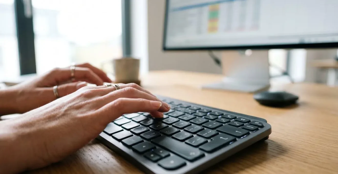 Gros plan sur des mains tapant sur un clavier d'ordinateur moderne avec un écran flouté montrant un tableur en arrière-plan
